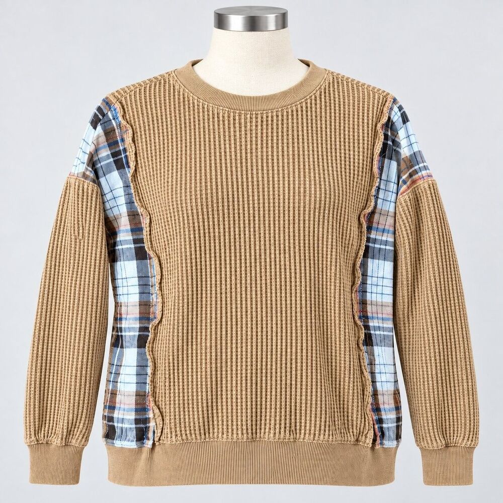 BKE Womens Small Waffle Knit Sweatshirt Plaid Contrast Crewneck Tan Sweater